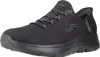 A black Skechers slip-on shoe is shown from the side against a white background. Voir les images du produit