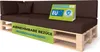 A sofa made from wooden pallets with brown cushions, featuring marketing labels. Produktbild-Vorschau