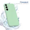 A light green phone case is shown with water splashing around it, suggesting it is water-repellent. Produktbild-Vorschau