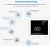 A diagram illustrating the weekly programming of a thermostat, showing different events and their corresponding temperatures, alongside a picture of the thermostat itself. Produktbild-Vorschau
