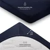 A close-up view of a dark blue fitted sheet, showing its texture and elastic band. Anteprima dell’immagine prodotto