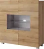 A modern wooden cabinet with glass doors and internal lighting.