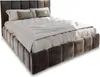 A bed with a headboard and base upholstered in gray fabric, with white bedding. Produktbild-Vorschau