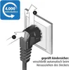 An illustration showing how to insert and remove a plug from an electrical socket, with safety features highlighted. Náhľad obrázku produktu