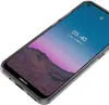 A close-up, angled view of a transparent phone case on a white background, showing the phone screen with a lock icon and time display. Produktbild-Vorschau