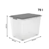 A clear product shot of a transparent storage box with a gray lid, showing dimensions and capacity. Náhľad obrázku produktu