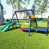 A backyard playground set with a swing, slide, and trampoline. Produktbild-Vorschau