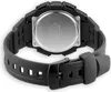The back of a black Casio watch with a rubber strap and a metal case back. Produktbild-Vorschau
