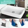 A white ceramic sink with a faucet, shown from above, with three inset images demonstrating its easy-to-clean surface. Náhled obrázku produktu