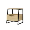 A modern nightstand with a wooden drawer and black metal frame, presented against a white background. Produktbild-Vorschau