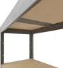 A close-up view of a metal shelving unit with particle board shelves. Náhled obrázku produktu