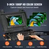 A product marketing image showing a pipe inspection camera system with a 9-inch screen, keyboard, and various features highlighted. Podgląd zdjęcia produktu
