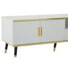A partial view of a modern white TV stand with gold trim and black legs. Podgląd zdjęcia produktu