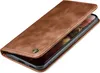 A brown leather flip case for a smartphone is shown from a slightly elevated angle, with the front cover open to reveal the phone screen. Produktbild-Vorschau