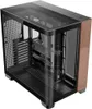A computer case with a black frame, wood accents, and glass panels. Produktbild-Vorschau