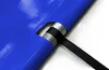 A close-up view of a blue pool cover with a silver metal rod and a black strap. Produktbild-Vorschau