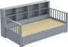 A gray wooden daybed with a bookshelf headboard and two drawers underneath, shown from a slightly elevated diagonal angle against a white background. Anteprima dell’immagine prodotto