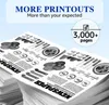 A stack of printed papers with charts and text, with a graphic overlay indicating print yield. Produktbild-Vorschau