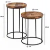 Two wooden nesting tables with black metal frames are shown against a white background, with dimensions indicated by measurement lines and text. Náhled obrázku produktu