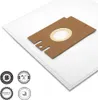 A close-up, angled view of a white vacuum cleaner bag with a brown cardboard attachment featuring a circular opening. Produktbild-Vorschau