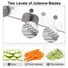 A collage of images showing a vegetable slicer and examples of its output. Produktbild-Vorschau