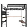 A black metal loft bed with a wooden desk and bench, shown against a white background. Podgląd zdjęcia produktu