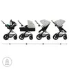 A series of images showing a stroller in different configurations, from a car seat carrier to a full stroller with a bassinet and then a seat. Voir les images du produit