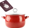 A red enamel pot with a glass lid and a tag attached to the handle. Podgląd zdjęcia produktu