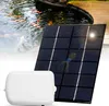 A solar-powered pond aerator with a solar panel and a white aeration unit, set against a background of a pond with koi fish and a wooden deck. Produktbild-Vorschau