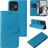 A collage of images showing a blue floral butterfly patterned flip phone case for a Xiaomi Redmi 13. Produktbild-Vorschau