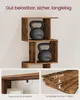 A wooden shelf unit with two kettlebells on it, and close-up shots of the shelf's construction and material. Produktbild-Vorschau