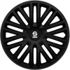 A black car wheel cover with a logo in the center. Produktbild-Vorschau