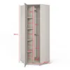 A corner wardrobe with its doors open, showing shelves and a hanging rail. Dimensions are indicated with red lines and text. Produktbild-Vorschau