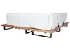 The back view of a sectional outdoor sofa with white cushions and a wooden base. Produktbild-Vorschau