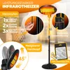 A marketing image for an infrared heater, showing its features and specifications. Produktbild-Vorschau