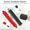 Two vacuum cleaner roller brushes, one red and one black, are shown with close-up insets highlighting their features and assembly. Produktbild-Vorschau