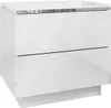 A white, high-gloss nightstand with two drawers and a silver accent strip on the top drawer. Produktbild-Vorschau
