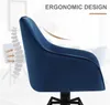 A close-up side view of a blue upholstered chair, highlighting its ergonomic design with a graphic of a spine and arrows. Produktbild-Vorschau