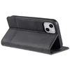 A black leather flip case for an iPhone 14 Plus is shown from a side angle, propped open to reveal the phone's camera. Produktbild-Vorschau