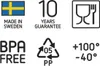 A collection of icons and text indicating product features and origin. Produktbild-Vorschau