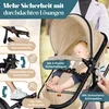 A baby sleeping in a beige stroller, with a person's hand pushing it. The image highlights safety features with text overlays. Produktbild-Vorschau