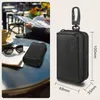 A split image showing a black RFID blocking pouch on a table with sunglasses and coffee, and a close-up of the pouch with dimensions. Anteprima dell’immagine prodotto