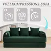 A green sofa is shown with instructional graphics above it. Produktbild-Vorschau