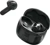 A pair of black wireless earbuds and their charging case are shown against a white background. One earbud is placed separately, while the other is in the open charging case. Anteprima dell’immagine prodotto