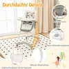 A baby high chair is shown with various features highlighted by text overlays and close-up insets. Náhled obrázku produktu