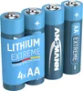 Four AA batteries are arranged in a row, with the front two batteries partially covered by a blue label. Náhled obrázku produktu