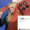 A woman is holding a red smartphone, with a close-up of the phone's camera array on the right side of the image. Text overlays provide marketing information. Produktbild-Vorschau