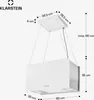 A white island range hood suspended from the ceiling with dimensions indicated by measurement lines and text. Náhľad obrázku produktu