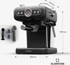 A black Klarstein espresso machine with chrome accents is shown with dimensions indicated by lines and text. Produktbild-Vorschau