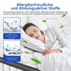 A woman sleeping on a mattress, with informational graphics on the left side. Produktbild-Vorschau